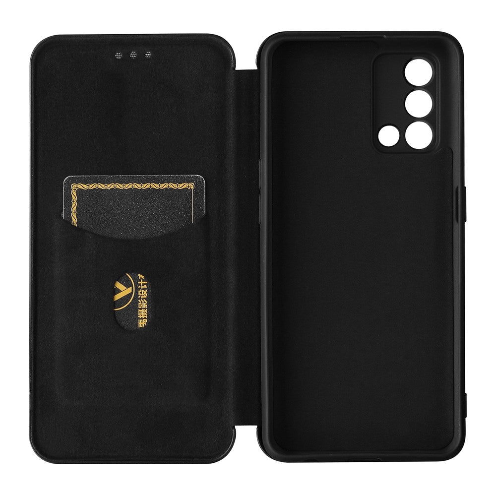 Auto-absorbed Carbon Fiber Texture Shock-proof Leather Case with Card Holder and Ring Strap for Oppo F19/A74 4G