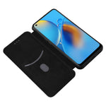 Auto-absorbed Carbon Fiber Texture Shock-proof Leather Case with Card Holder and Ring Strap for Oppo F19/A74 4G