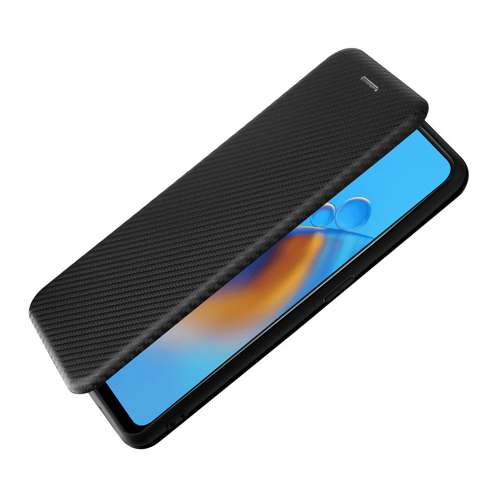 Självabsorberande kolfiberstruktur, stötsäkert läderfodral med korthållare och ringrem för Oppo F19/A74 4G