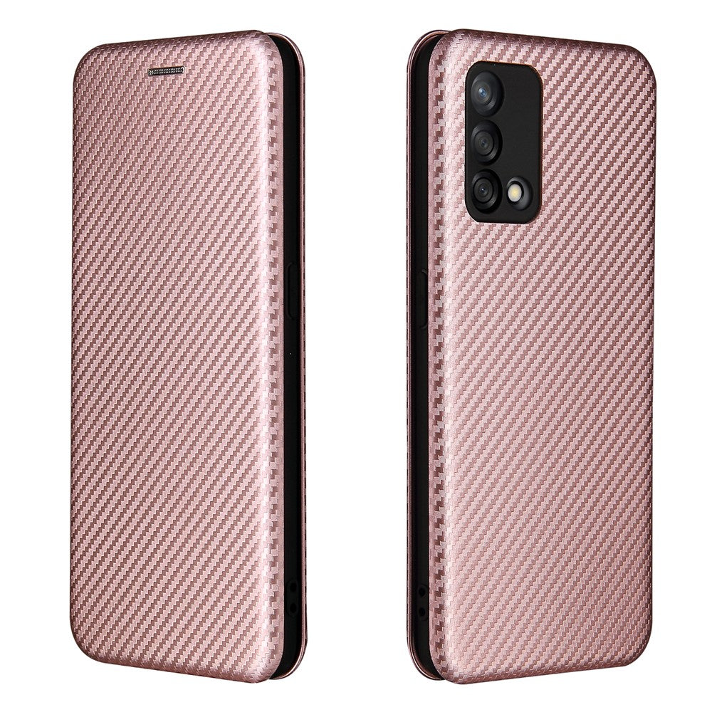 Auto-absorbed Carbon Fiber Texture Shock-proof Leather Case with Card Holder and Ring Strap for Oppo F19/A74 4G
