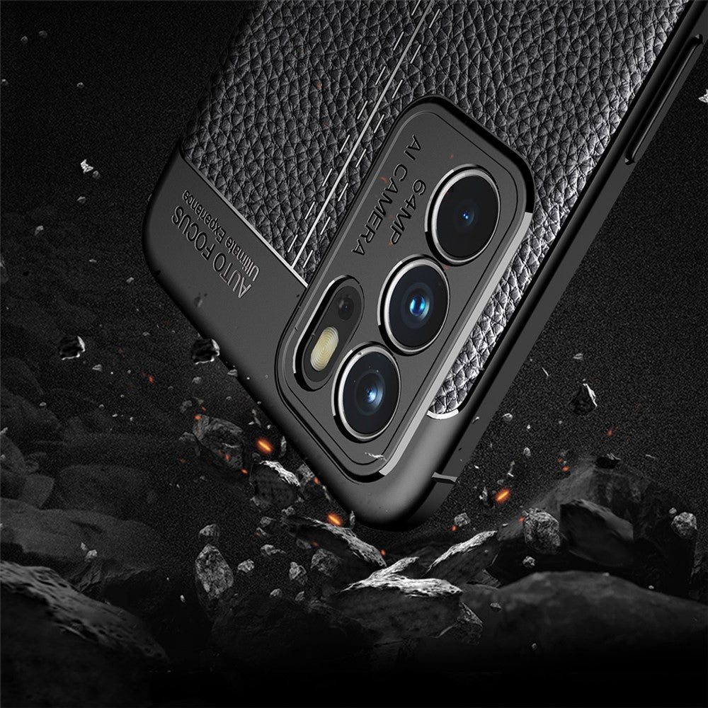 Litchi Texture Full Coverage Leather Flexible TPU Protective Back Cover Case for Oppo Reno6 5G