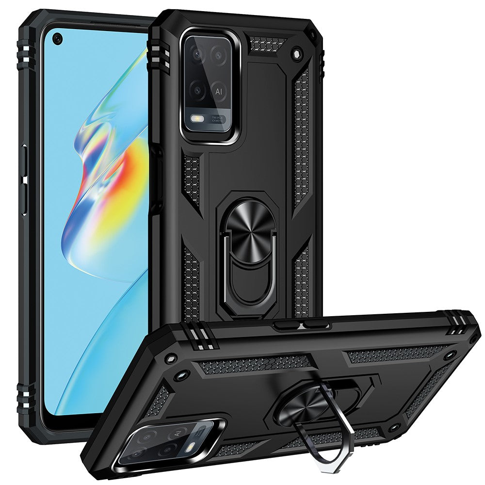 PC + TPU + Metal Hybrid Case Shockproof Phone Cover with Finger Ring Kickstand for Oppo A54 4G