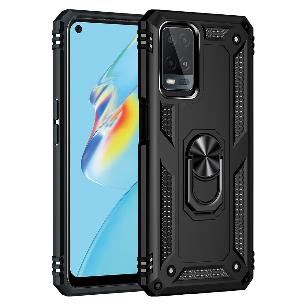 PC + TPU + Metal Hybrid Case Shockproof Phone Cover with Finger Ring Kickstand for Oppo A54 4G