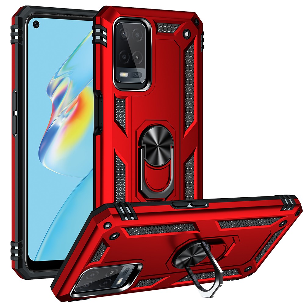 PC + TPU + Metal Hybrid Case Shockproof Phone Cover with Finger Ring Kickstand for Oppo A54 4G