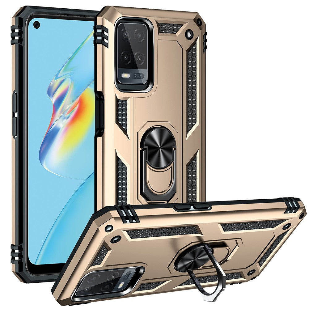 PC + TPU + Metal Hybrid Case Shockproof Phone Cover with Finger Ring Kickstand for Oppo A54 4G