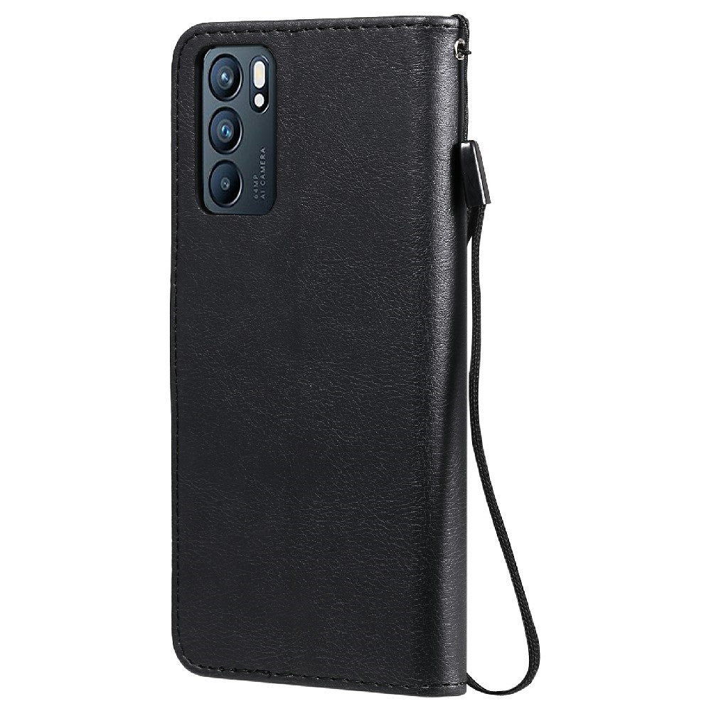 For Oppo Reno6 5G Case Solid Color Leather Mobile Cover Wallet Stand with Strap