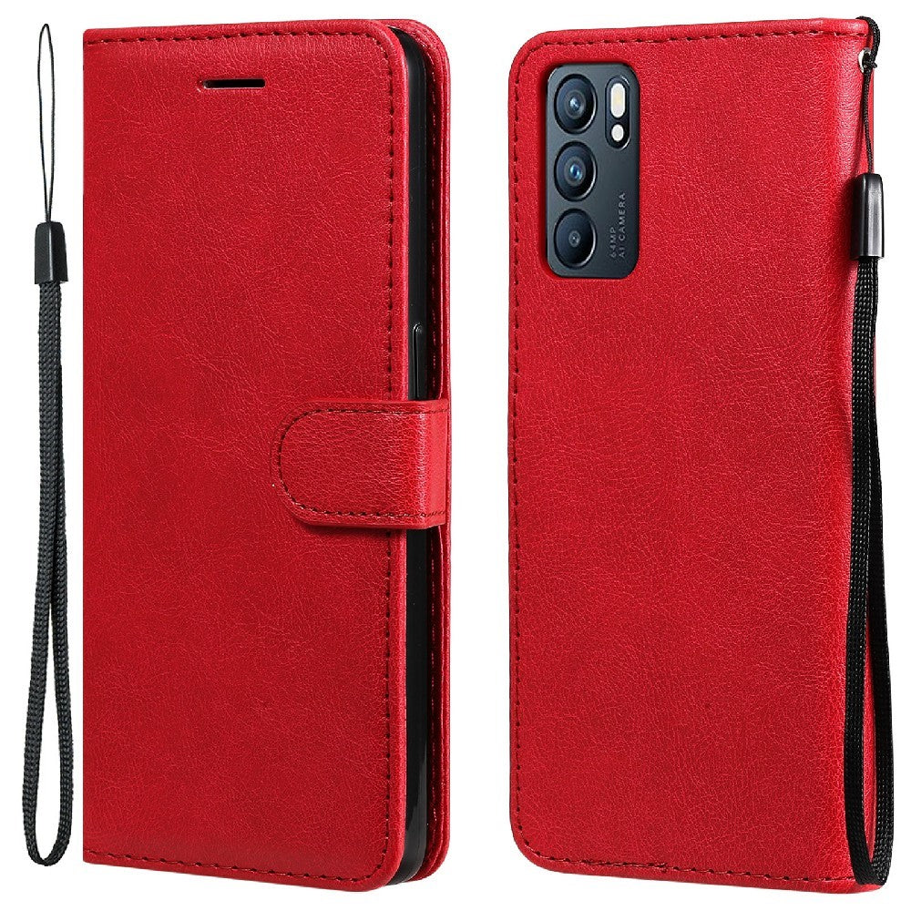 For Oppo Reno6 5G Case Solid Color Leather Mobile Cover Wallet Stand with Strap