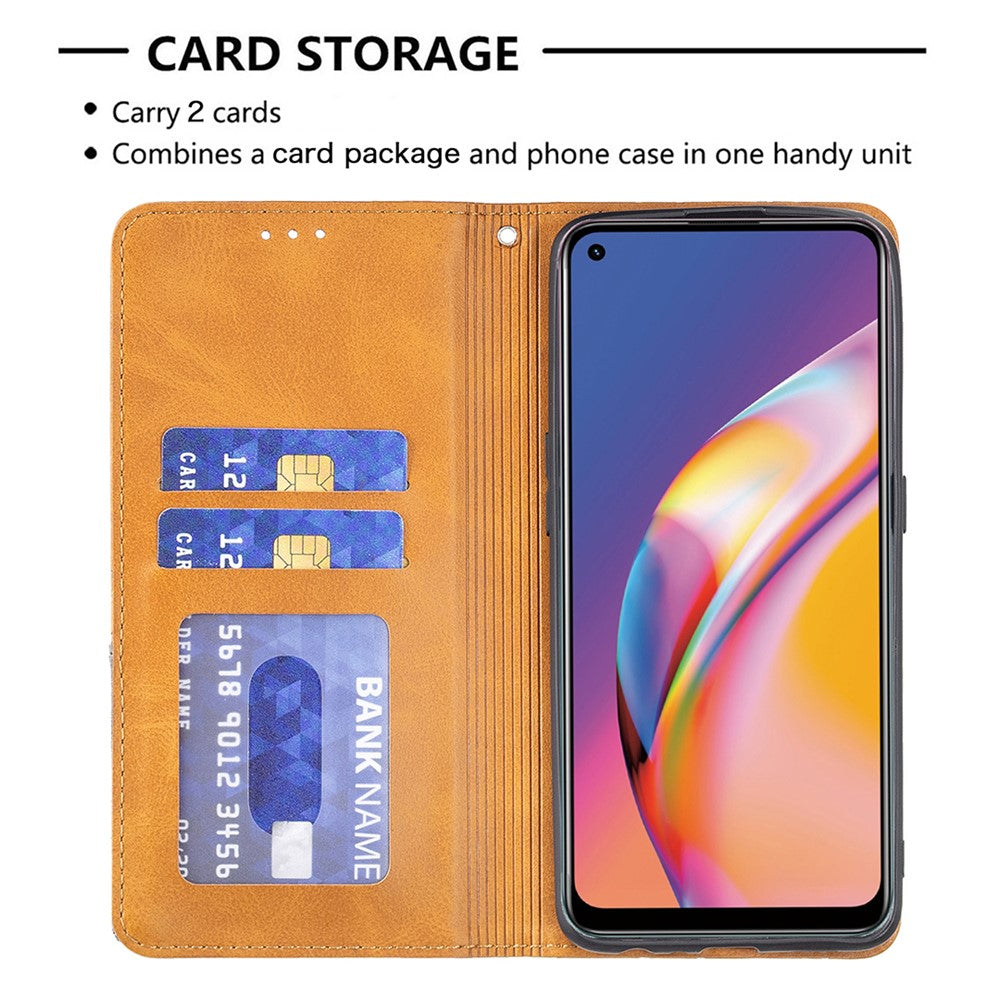 For Oppo A94 5G / F19 Pro+ 5G / A95 5G / Reno5 Z Card Holder Design Strong Magnet Rhombus-Like Imprinting Leather Stand Case Shell