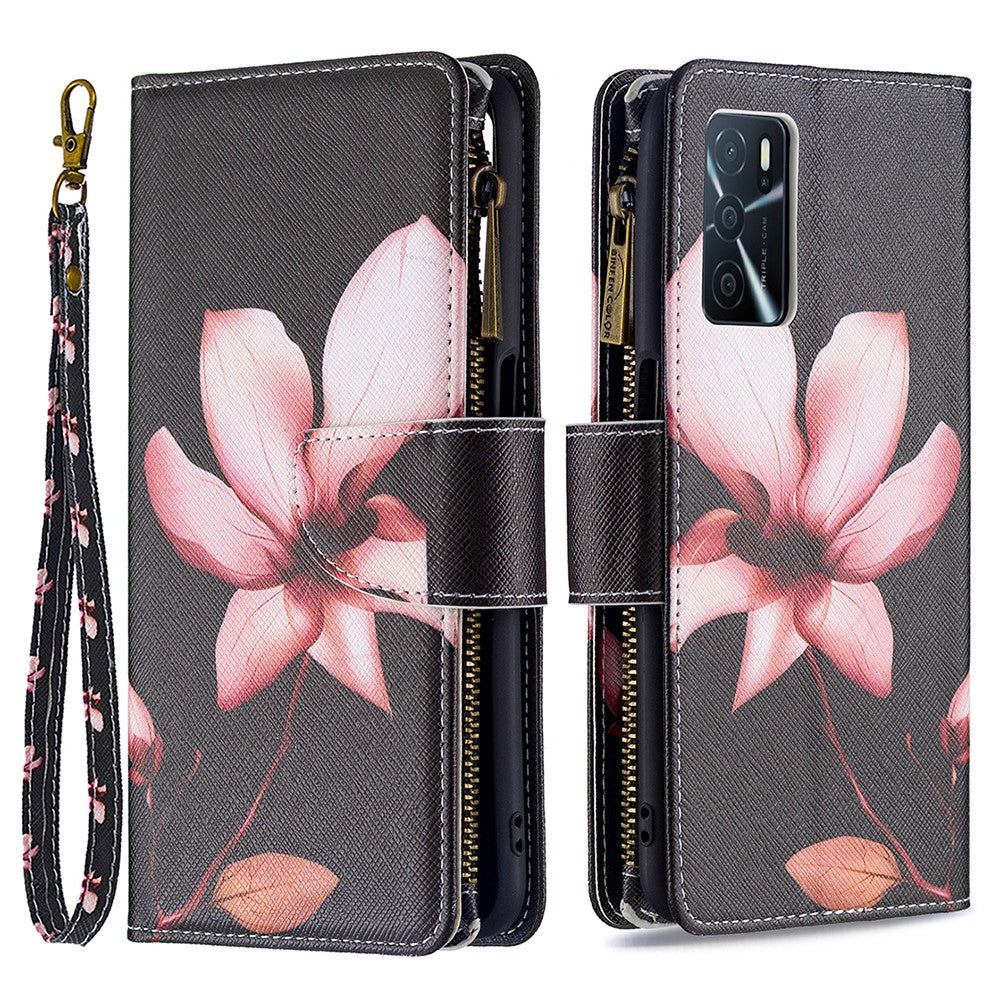 Pattern Printing PU Leather Wallet Shockproof Flip Cover Zipper Pocket Case with Stand and Strap for Oppo A16 / A16s / A54s
