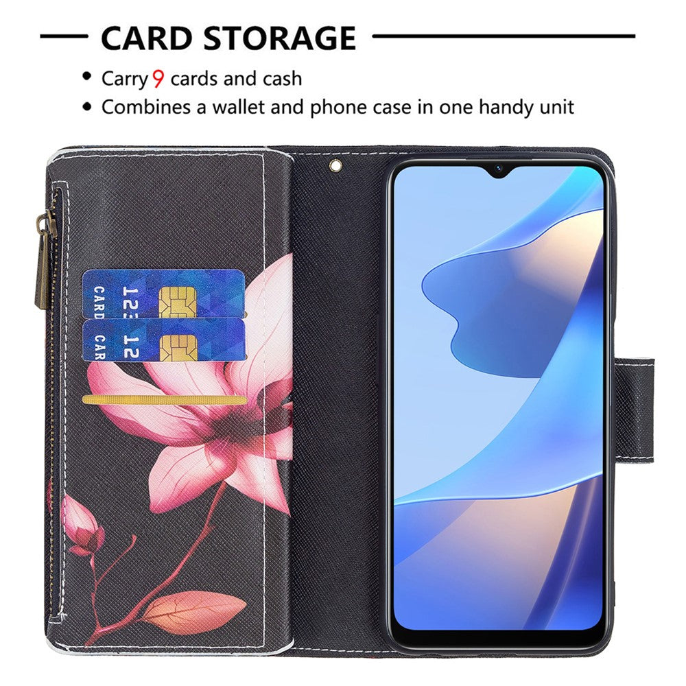 Pattern Printing PU Leather Wallet Shockproof Flip Cover Zipper Pocket Case with Stand and Strap for Oppo A16 / A16s / A54s