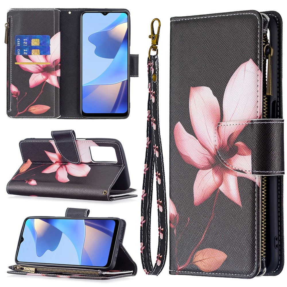 Pattern Printing PU Leather Wallet Shockproof Flip Cover Zipper Pocket Case with Stand and Strap for Oppo A16 / A16s / A54s