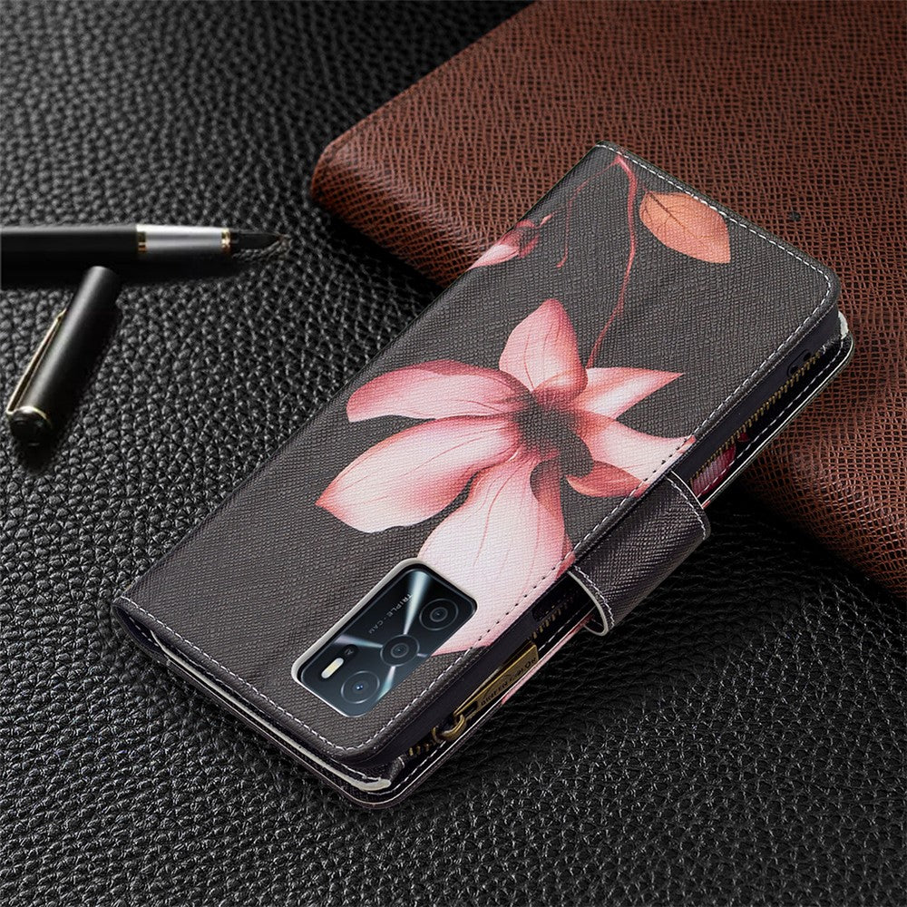 Pattern Printing PU Leather Wallet Shockproof Flip Cover Zipper Pocket Case with Stand and Strap for Oppo A16 / A16s / A54s