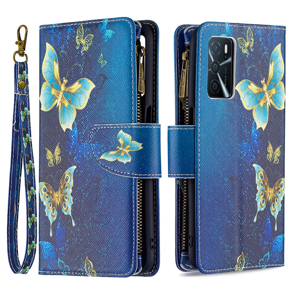Pattern Printing PU Leather Wallet Shockproof Flip Cover Zipper Pocket Case with Stand and Strap for Oppo A16 / A16s / A54s