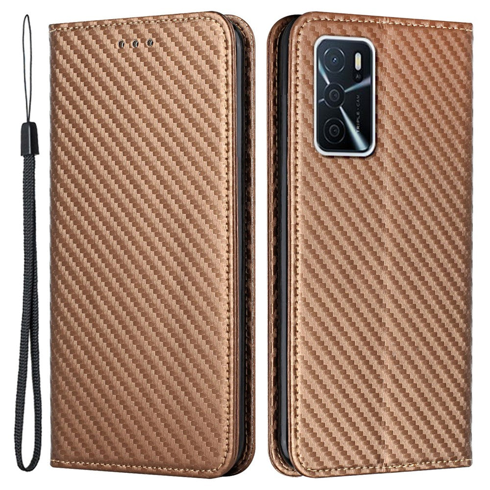 Anti-fall Carbon Fiber Texture Stand Wallet Design Auto-absorbed Leather Case Cover with Hand Strap for Oppo A16 / A16s / A54s