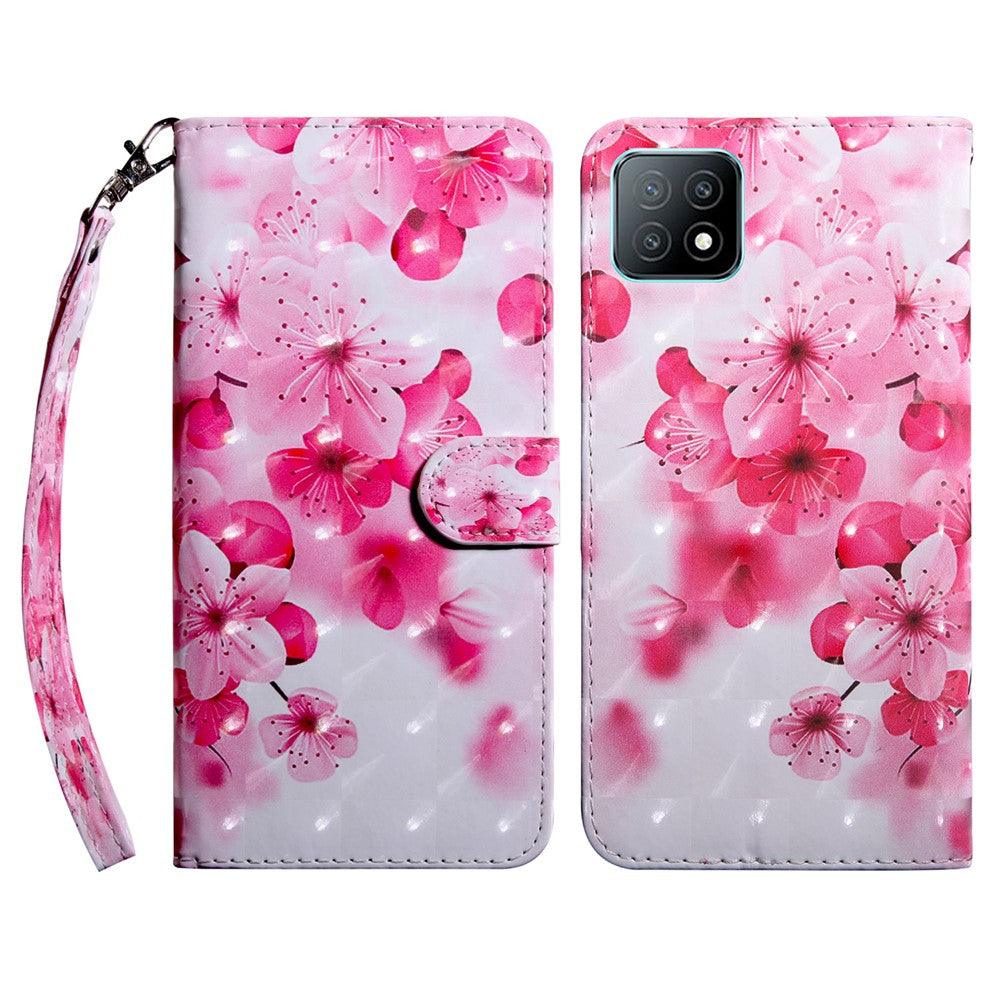 PU-läder plånboksfodral med 3D-mönstertryck, stativ, flip-fodral med rem för Oppo A53 5G