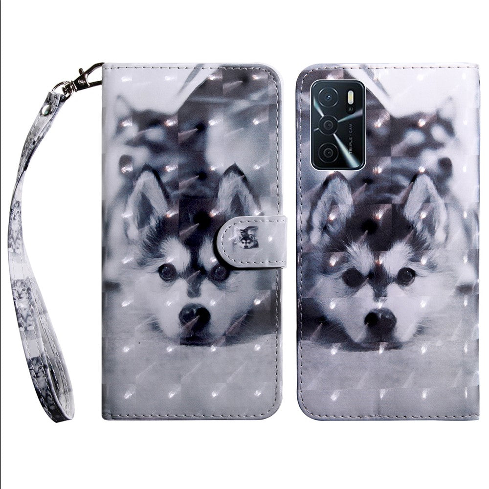 3D-mønsterprint PU-læder blødt TPU Indvendigt pung-etui med stativ og rem til Oppo A16 / A16s / A54s / A54 4G / A55 5G