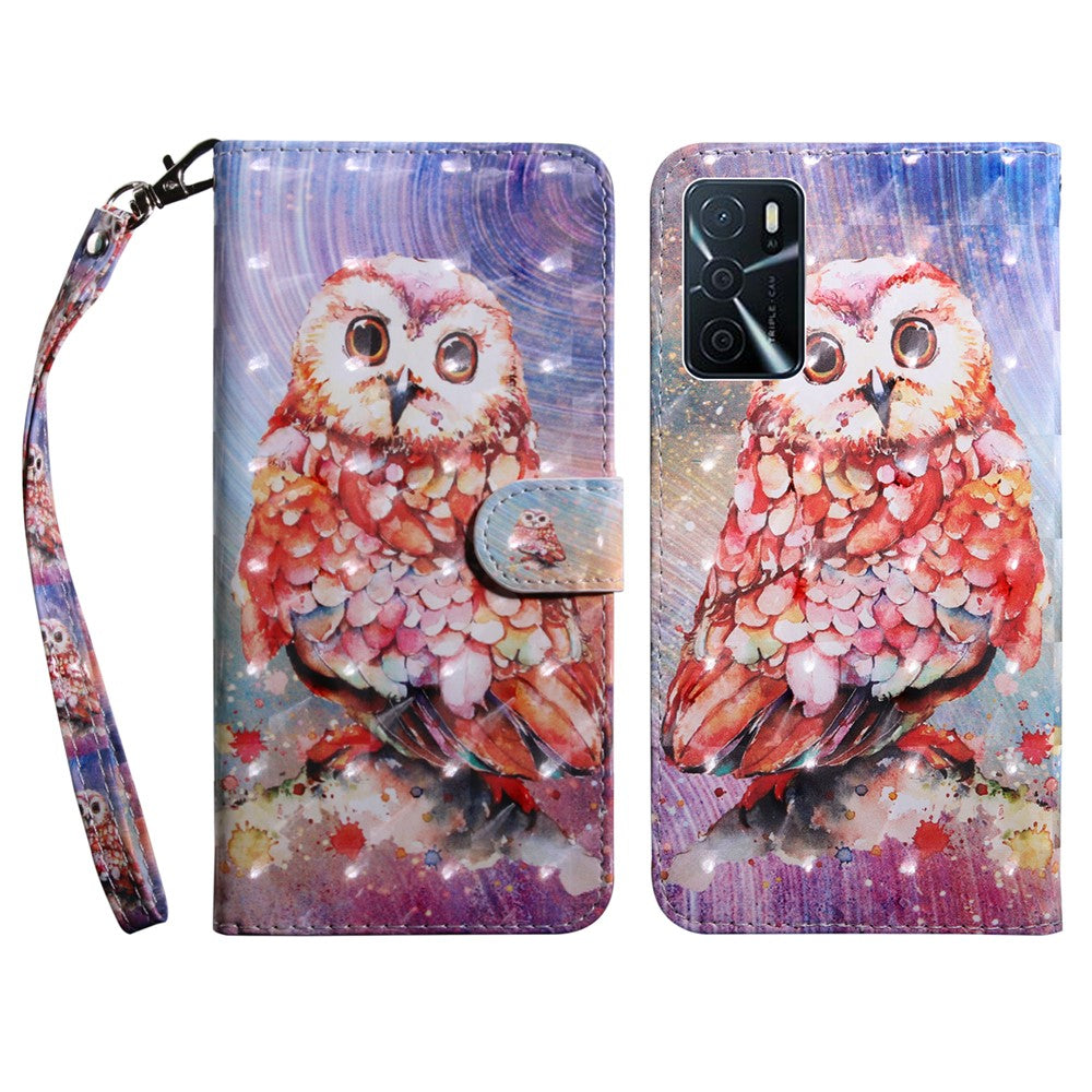 3D-mønsterprint PU-læder blødt TPU Indvendigt pung-etui med stativ og rem til Oppo A16 / A16s / A54s / A54 4G / A55 5G