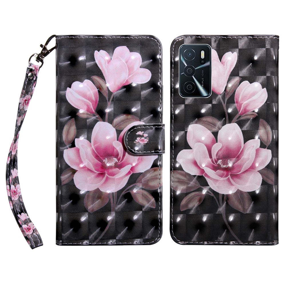 3D-mønsterprint PU-læder blødt TPU Indvendigt pung-etui med stativ og rem til Oppo A16 / A16s / A54s / A54 4G / A55 5G