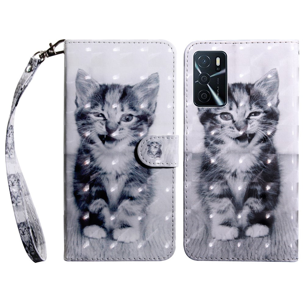 3D-mønsterprint PU-læder blødt TPU Indvendigt pung-etui med stativ og rem til Oppo A16 / A16s / A54s / A54 4G / A55 5G