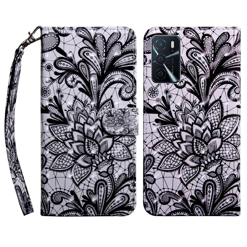 3D-mønsterprint PU-læder blødt TPU Indvendigt pung-etui med stativ og rem til Oppo A16 / A16s / A54s / A54 4G / A55 5G