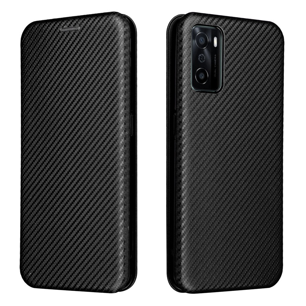 Kolfiberstruktur PU-läder, vikbart stativ, magnetiskt fodral med automatisk stängning och kortplats för Oppo A55s 5G (CPH2309)
