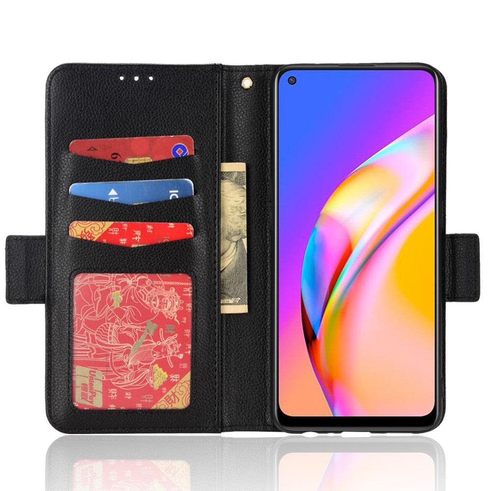 Välskyddat Litchi-texturerat PU-läderskyddande fodral med stativ och plånbok för mobil till Oppo F19 Pro+ 5G/A94 5G/A95 5G/Reno5 Z