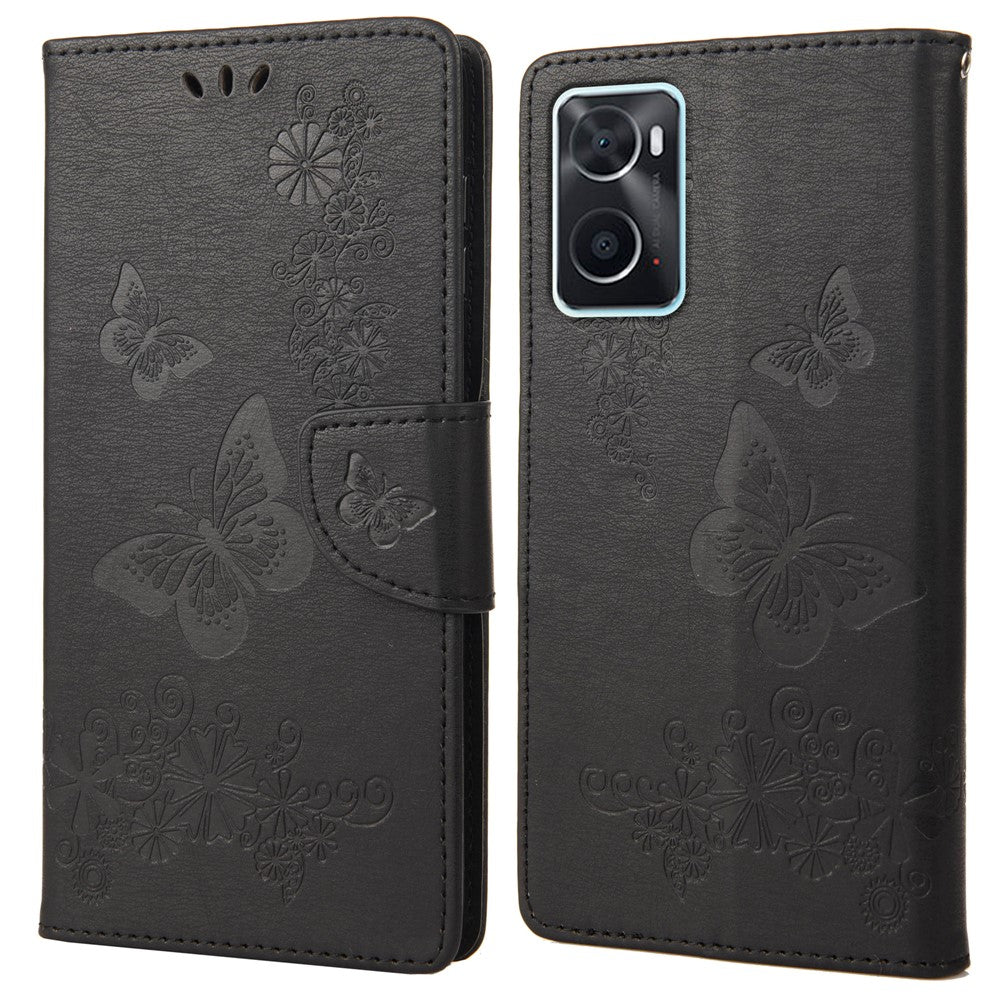 Oppo A36/A76/Realme 9i Präglat fjärilsmönster PU-läder magnetiskt fodral plånboksfodral med stativ, fällbart skydd, stötsäkert skal