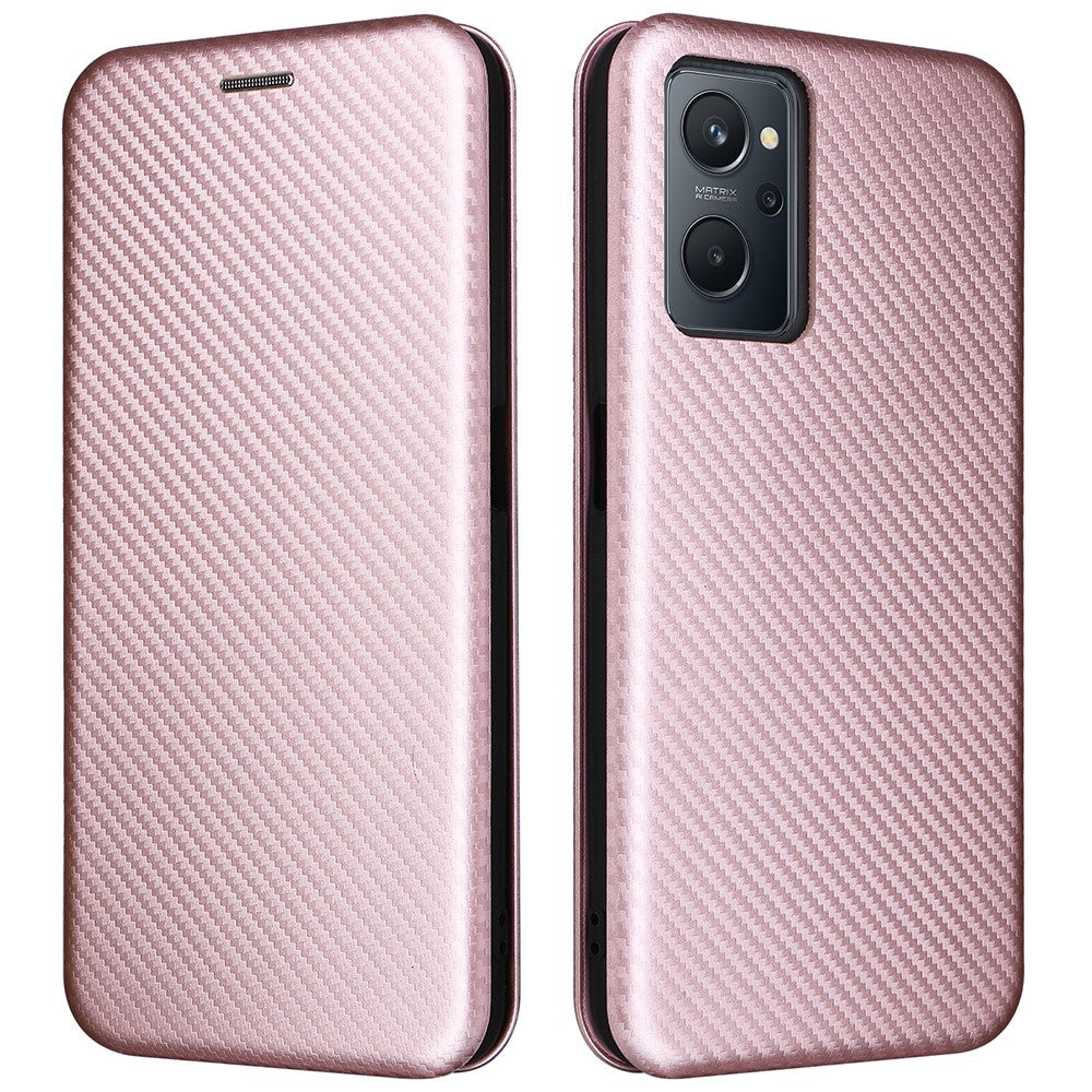 Realme 9i/Oppo A36 4G/A76 4G Kolfibertextur PU-lädermobilskal Kortplats Stativ Skal