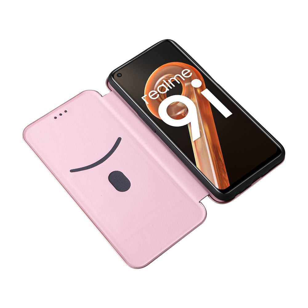 Realme 9i/Oppo A36 4G/A76 4G Kolfibertextur PU-lädermobilskal Kortplats Stativ Skal