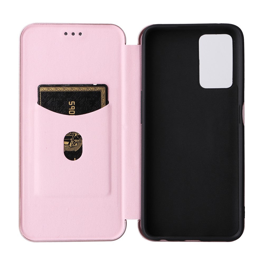 Realme 9i/Oppo A36 4G/A76 4G Kolfibertextur PU-lädermobilskal Kortplats Stativ Skal