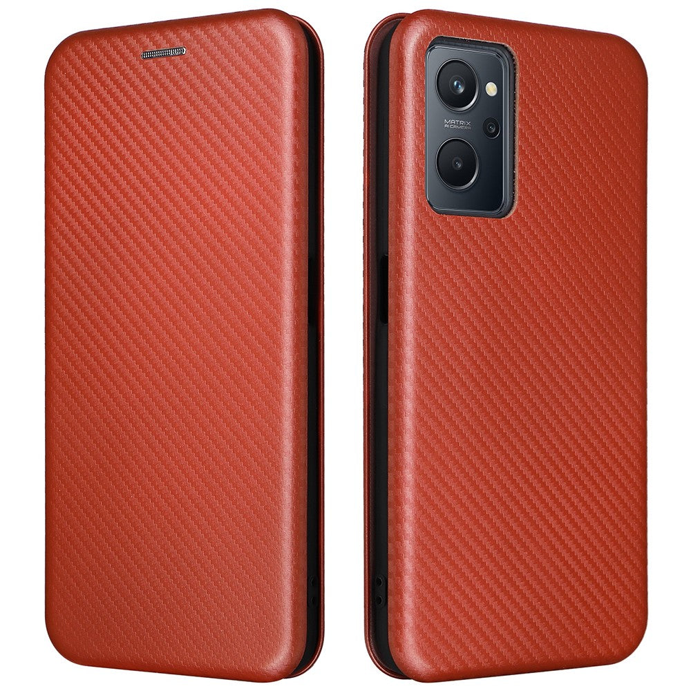 Realme 9i/Oppo A36 4G/A76 4G Kolfibertextur PU-lädermobilskal Kortplats Stativ Skal