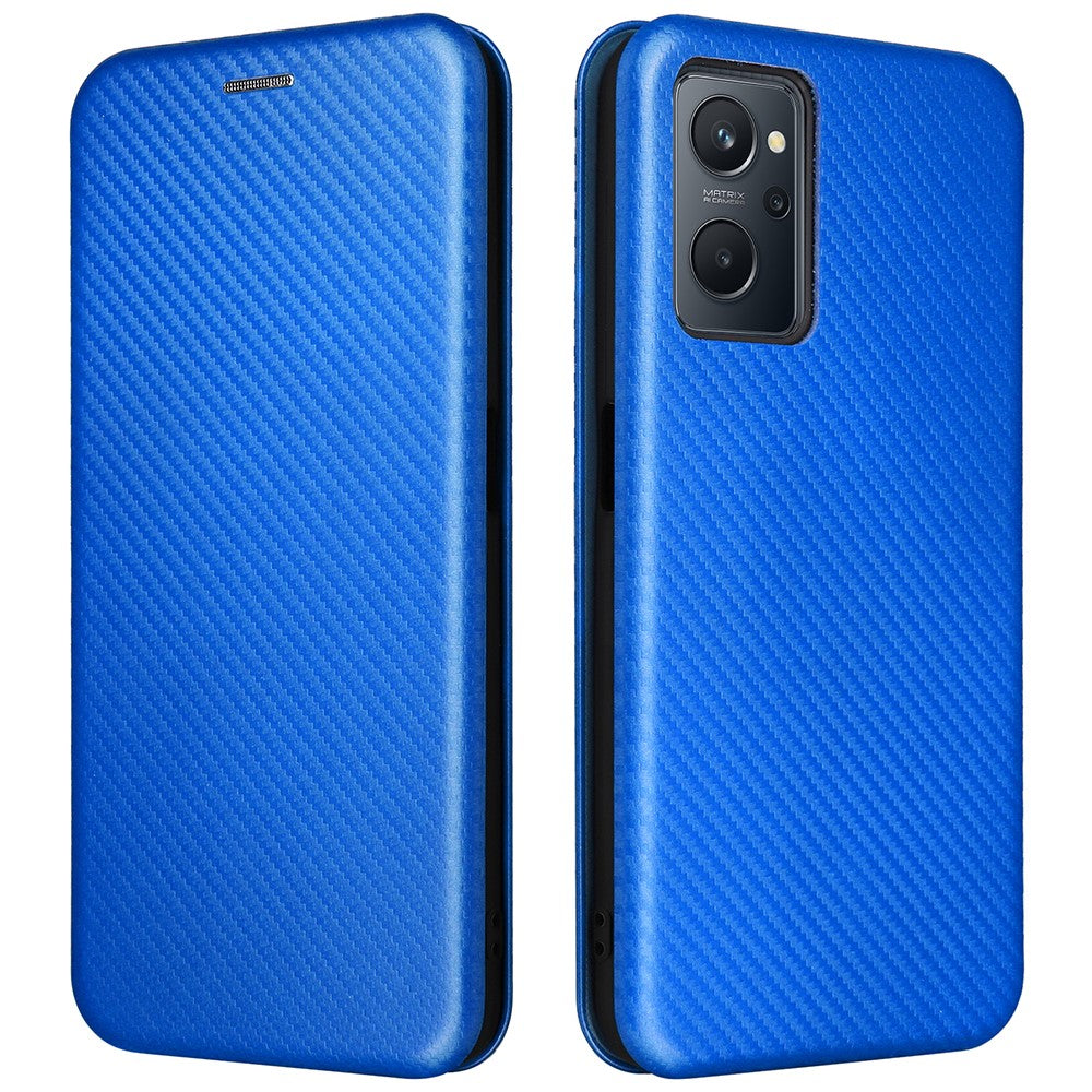 Realme 9i/Oppo A36 4G/A76 4G Kolfibertextur PU-lädermobilskal Kortplats Stativ Skal