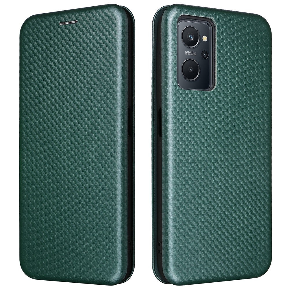 Realme 9i/Oppo A36 4G/A76 4G Kolfibertextur PU-lädermobilskal Kortplats Stativ Skal
