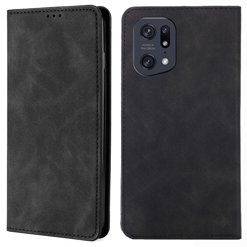 Skin-touch Leather Case for Oppo Find X5 Pro, Card Holder Stand Auto Closing Magnetic Phone Cover