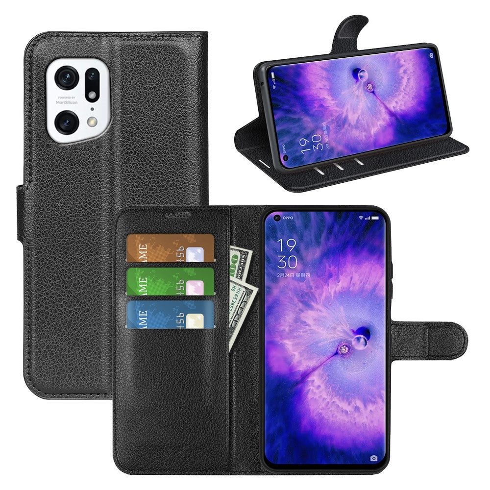PU Leather Smartphone Cover Bag for Oppo Find X5, Wallet Anti-scratch Litchi Texture Phone Stand Function Dustproof Case