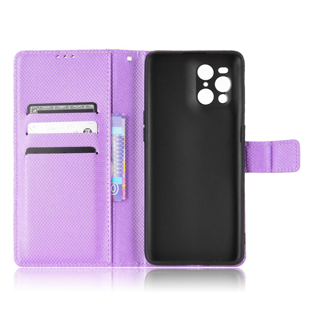 For Oppo Find X3 Pro/Oppo Find X3 Wallet Stand Phone Cover Diamond Texture PU Leather Anti-scratch Cell Phone Case with Strap