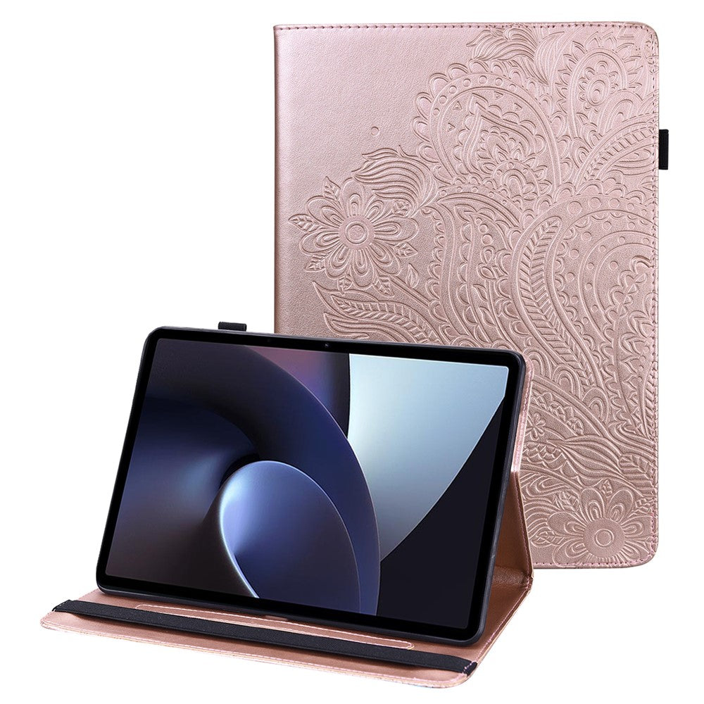 For Oppo Pad Imprinting Flower Elastic Band Design PU Leather Tablet Cover Card Holder Stand Case
