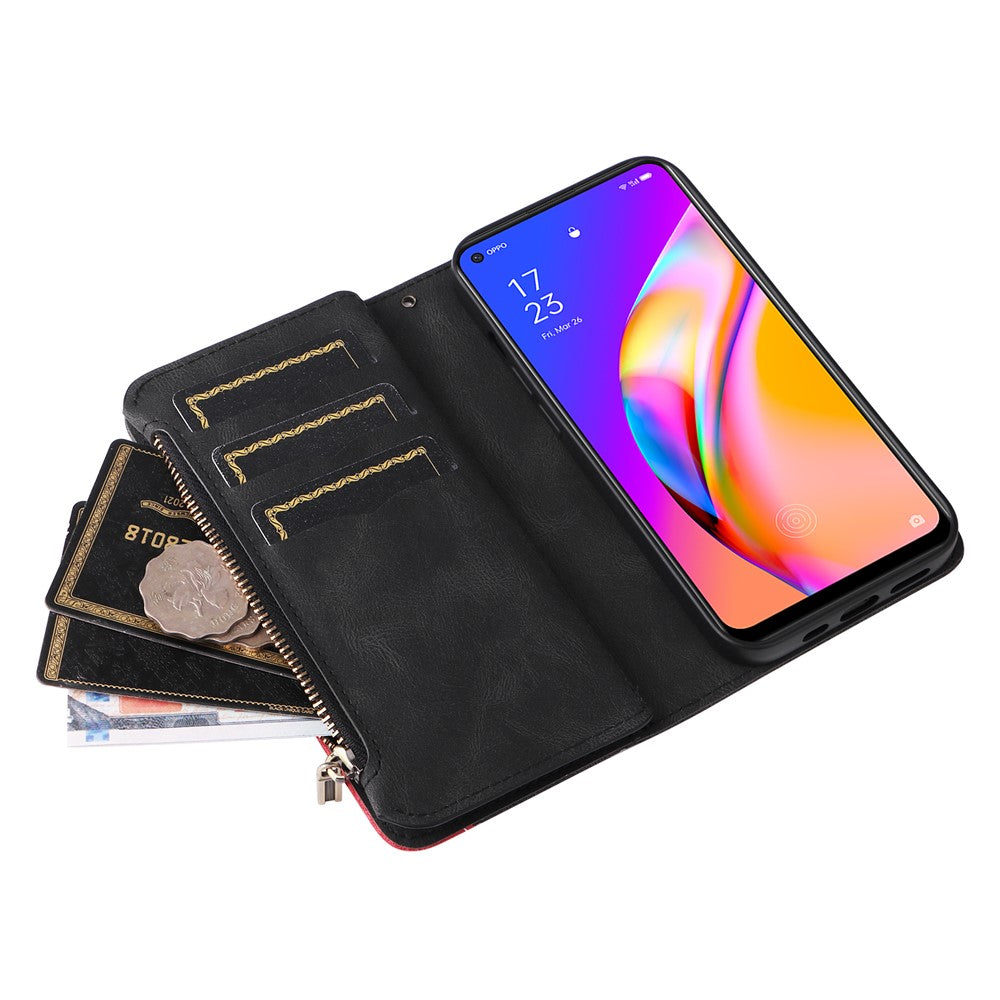 Oppo A94 5G / F19 Pro+ 5G / Reno Z / A95 5G / Reno5 Lite Läderfodral med rem, dragkedja, 9-kortsfack, mobilfodral, stativ