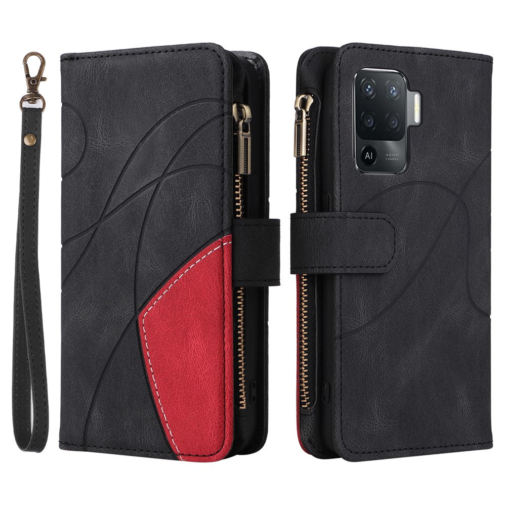 Oppo A94 5G / F19 Pro+ 5G / Reno Z / A95 5G / Reno5 Lite Läderfodral med rem, dragkedja, 9-kortsfack, mobilfodral, stativ