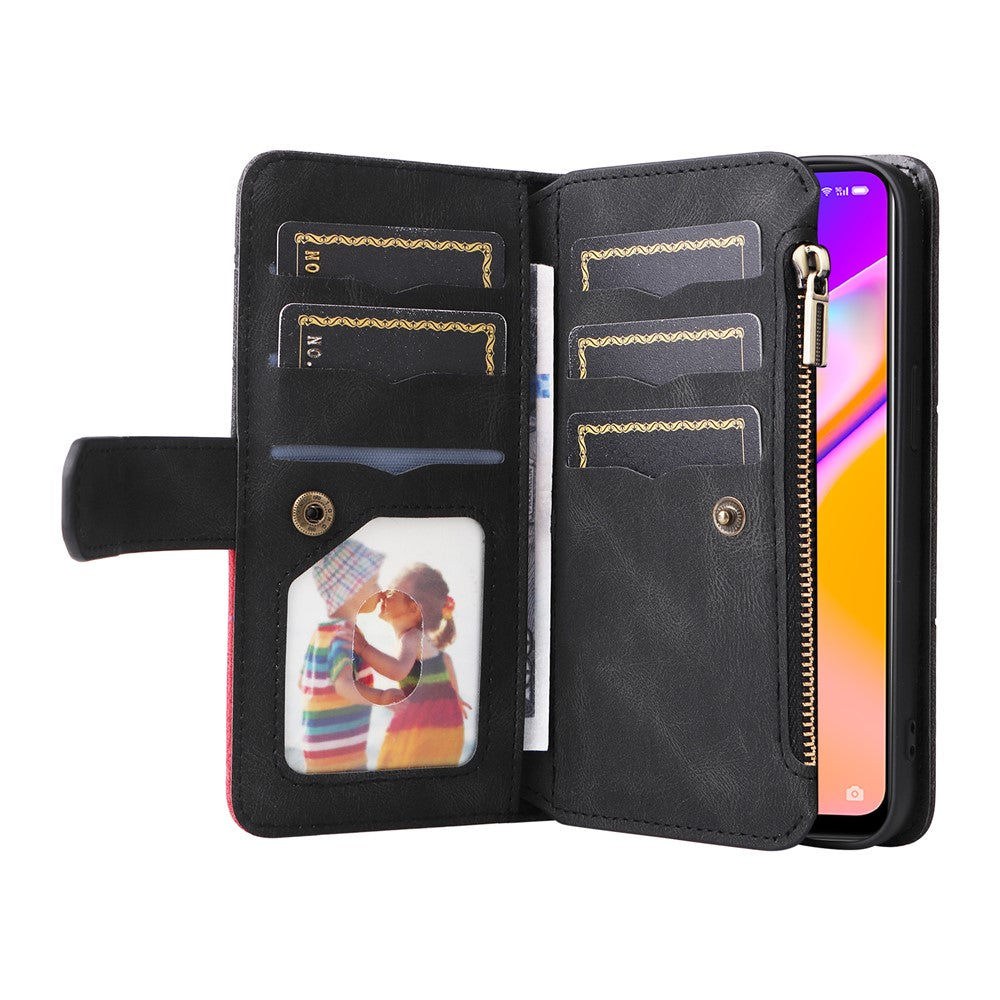 Oppo A94 5G / F19 Pro+ 5G / Reno Z / A95 5G / Reno5 Lite Läderfodral med rem, dragkedja, 9-kortsfack, mobilfodral, stativ