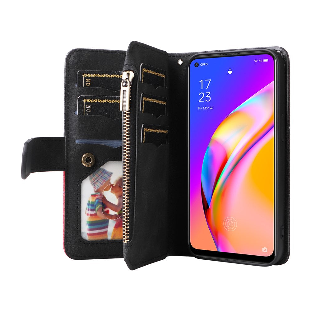Oppo A94 5G / F19 Pro+ 5G / Reno Z / A95 5G / Reno5 Lite Läderfodral med rem, dragkedja, 9-kortsfack, mobilfodral, stativ
