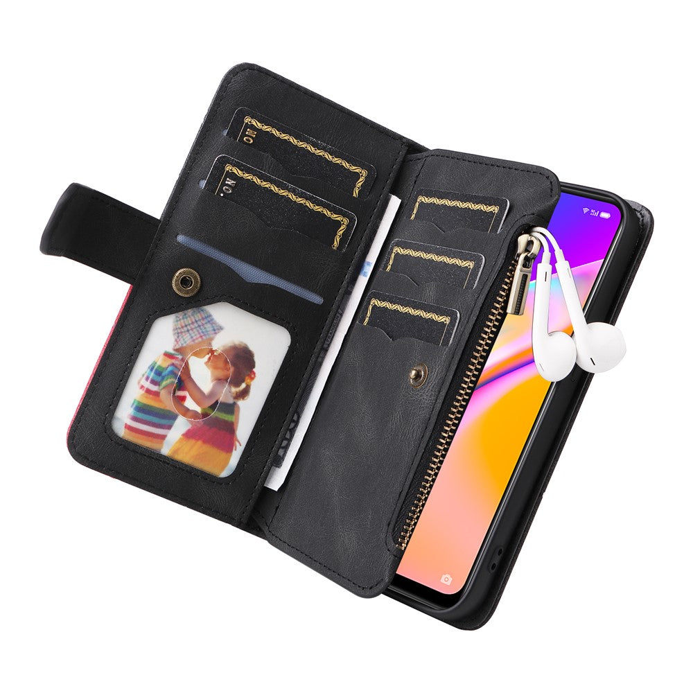 Oppo A94 5G / F19 Pro+ 5G / Reno Z / A95 5G / Reno5 Lite Läderfodral med rem, dragkedja, 9-kortsfack, mobilfodral, stativ