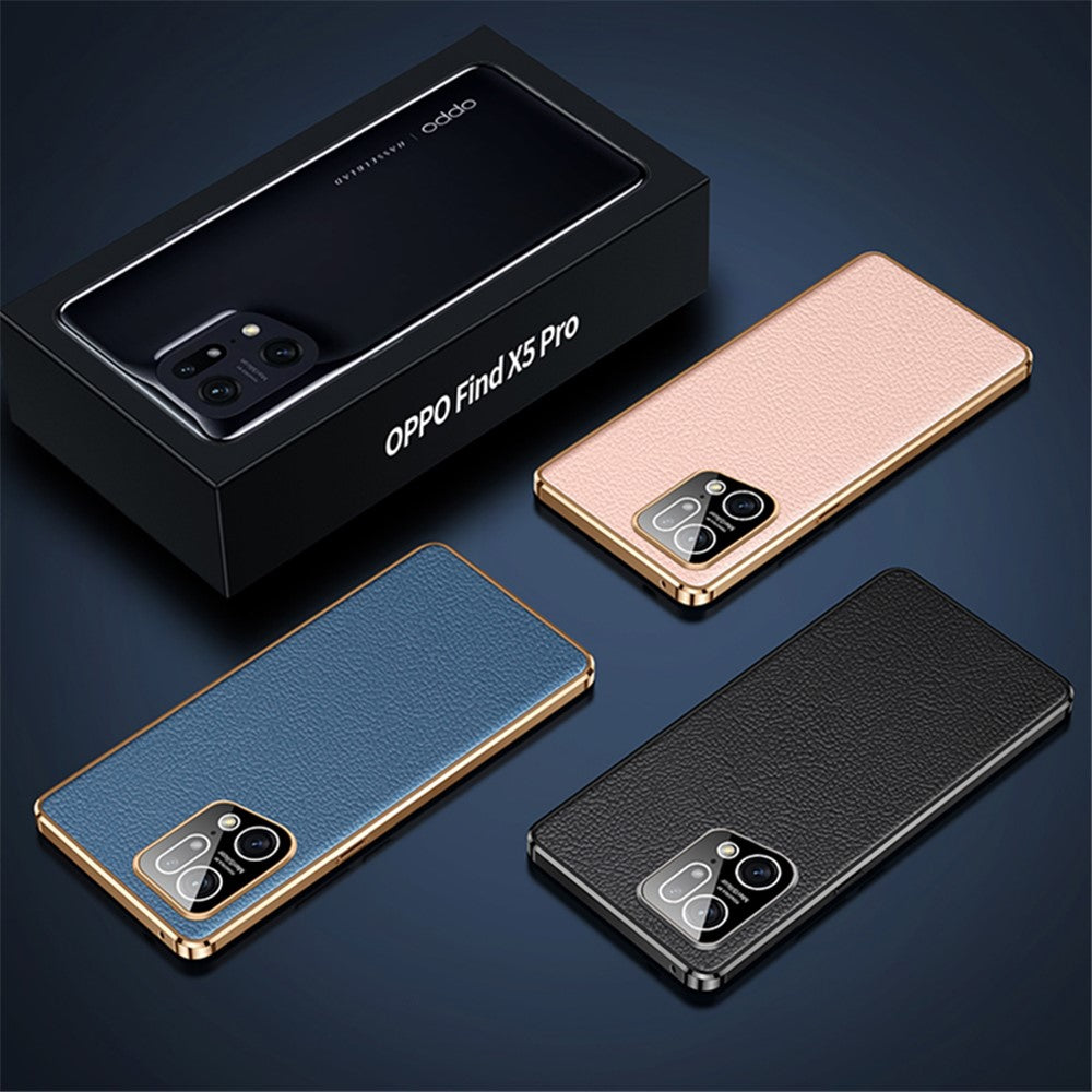 Electroplated Textured Case for Oppo Find X5 Genuine Cowhide Leather Coating Soft TPU Cover Phone Shell