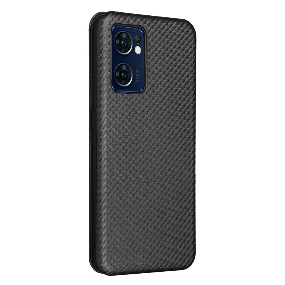 For Oppo Find X5 Lite/Reno7 SE 5G/Reno7 5G (Global) Carbon Fiber Texture Phone Case Anti-scratch PU Leather Magnetic Absorption Anti-fall Stand Shell with Card Slot