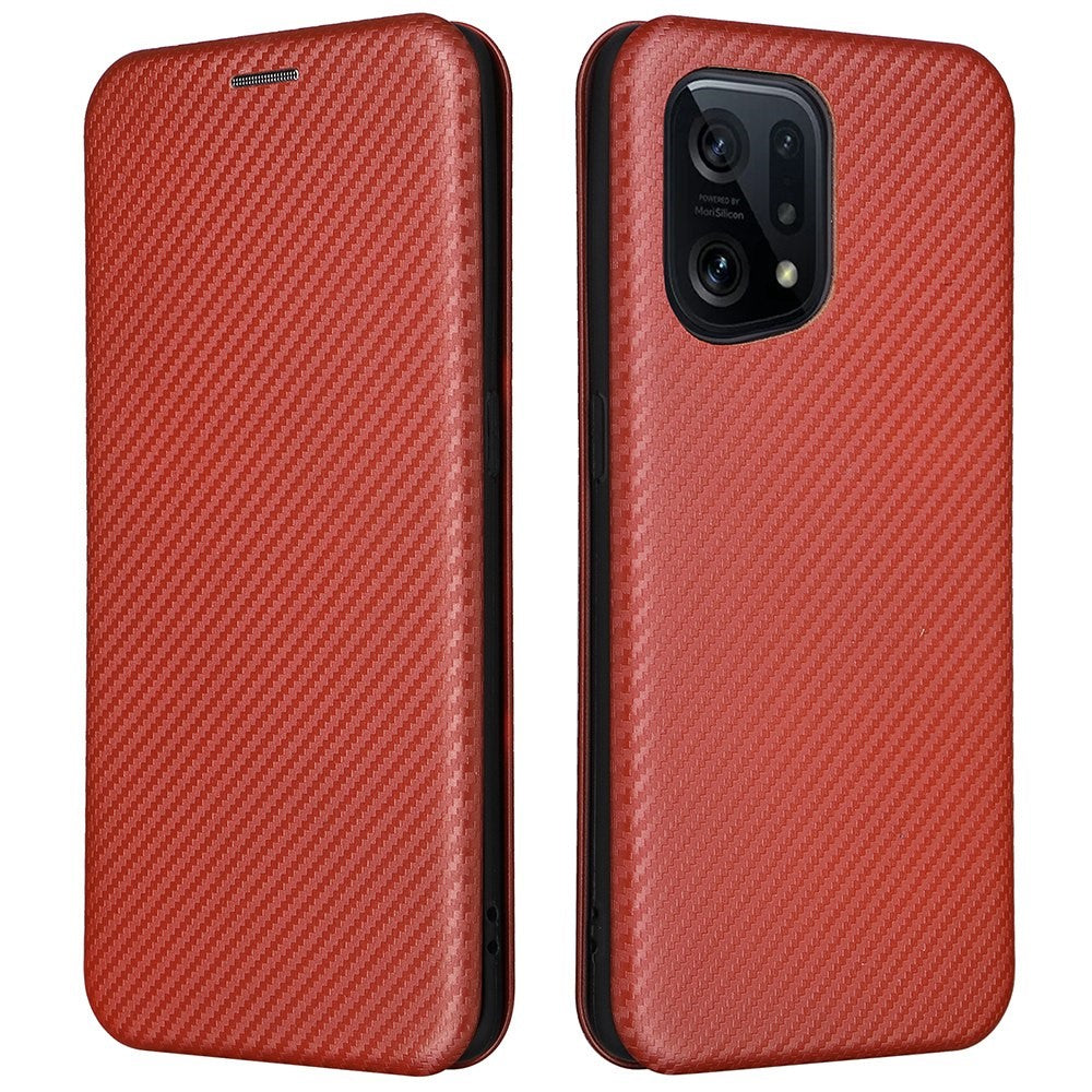 Carbon Fiber Texture Phone Case for Oppo Find X5 PU Leather Magnetic Closure Stand Protective Cover with Card Holder
