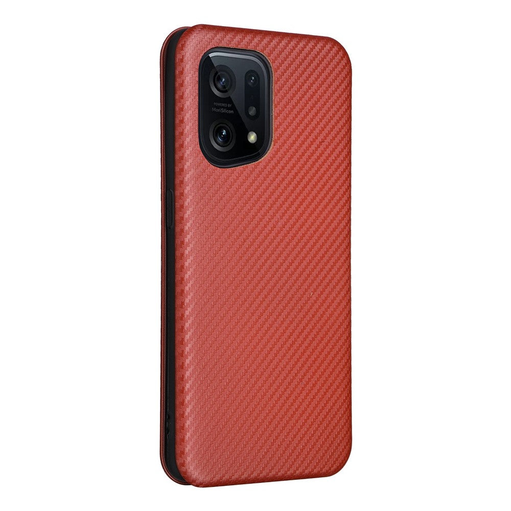 Carbon Fiber Texture Phone Case for Oppo Find X5 PU Leather Magnetic Closure Stand Protective Cover with Card Holder