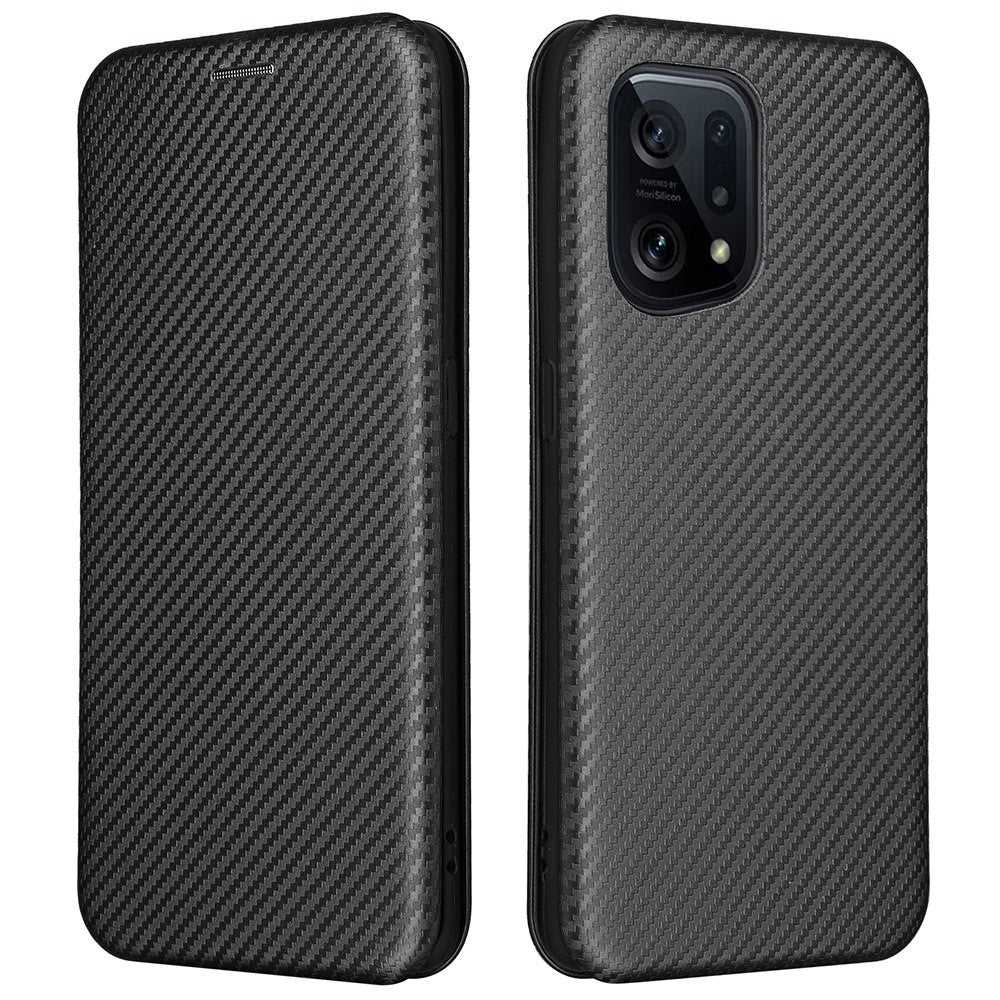 Carbon Fiber Texture Phone Case for Oppo Find X5 PU Leather Magnetic Closure Stand Protective Cover with Card Holder