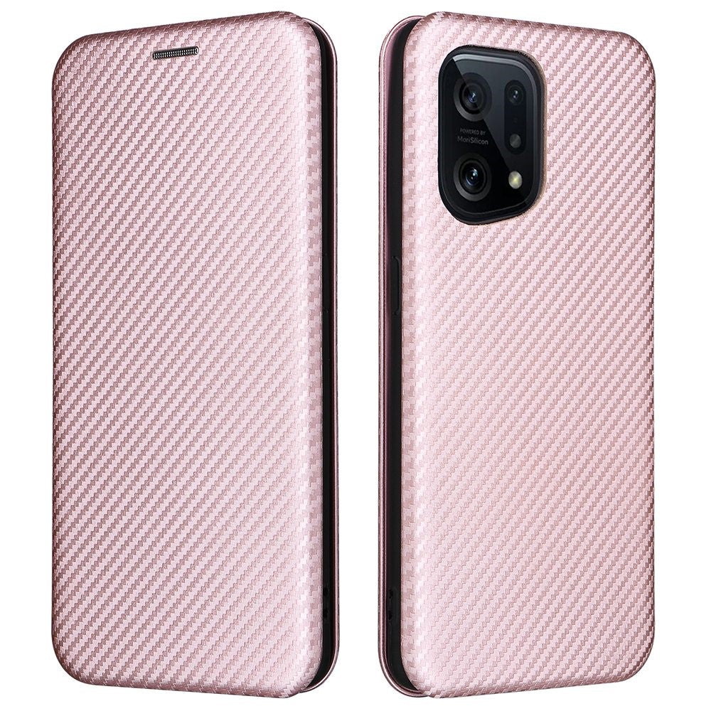 Carbon Fiber Texture Phone Case for Oppo Find X5 PU Leather Magnetic Closure Stand Protective Cover with Card Holder