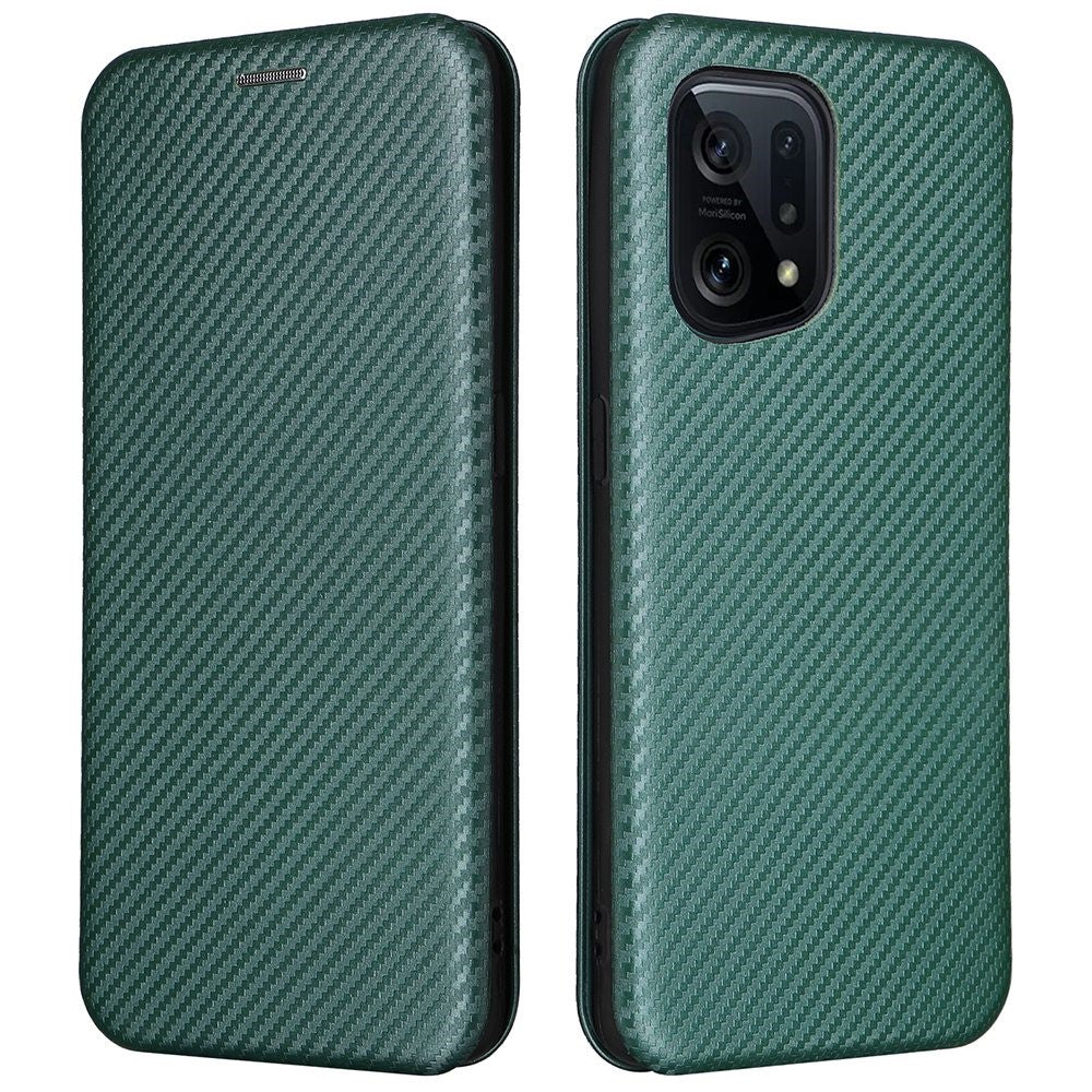 Carbon Fiber Texture Phone Case for Oppo Find X5 PU Leather Magnetic Closure Stand Protective Cover with Card Holder