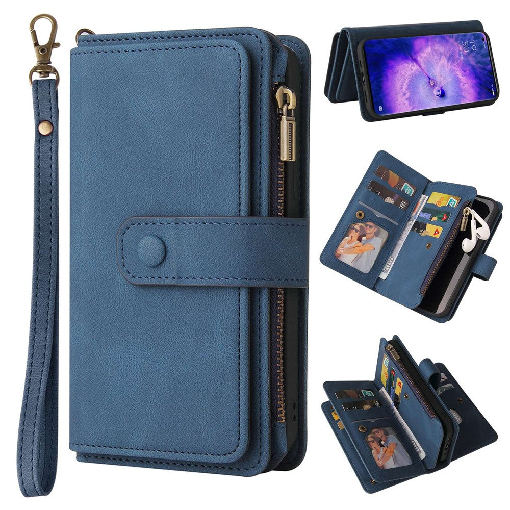 For Oppo Find X5 Pro Zipper Wallet Case with 15 Card Slots and Strap Leather Phone Cover